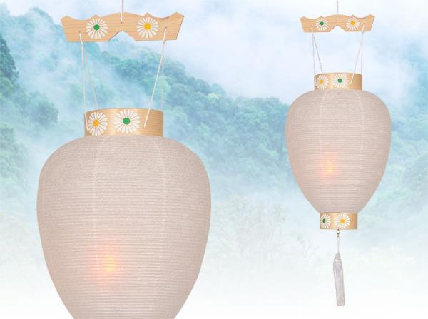 明日着く商品!木製の新盆用白紋天提灯。LEDコードレス電池灯付のお買い得商品です。