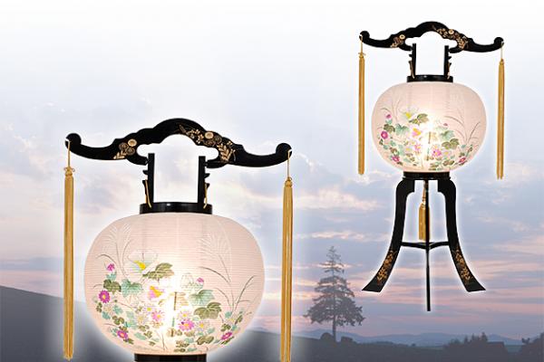 明日着く商品!プレゼント特典キャンペーン!大内デザイン盆提灯「芙蓉に菊」。スーパーLED灯仕様